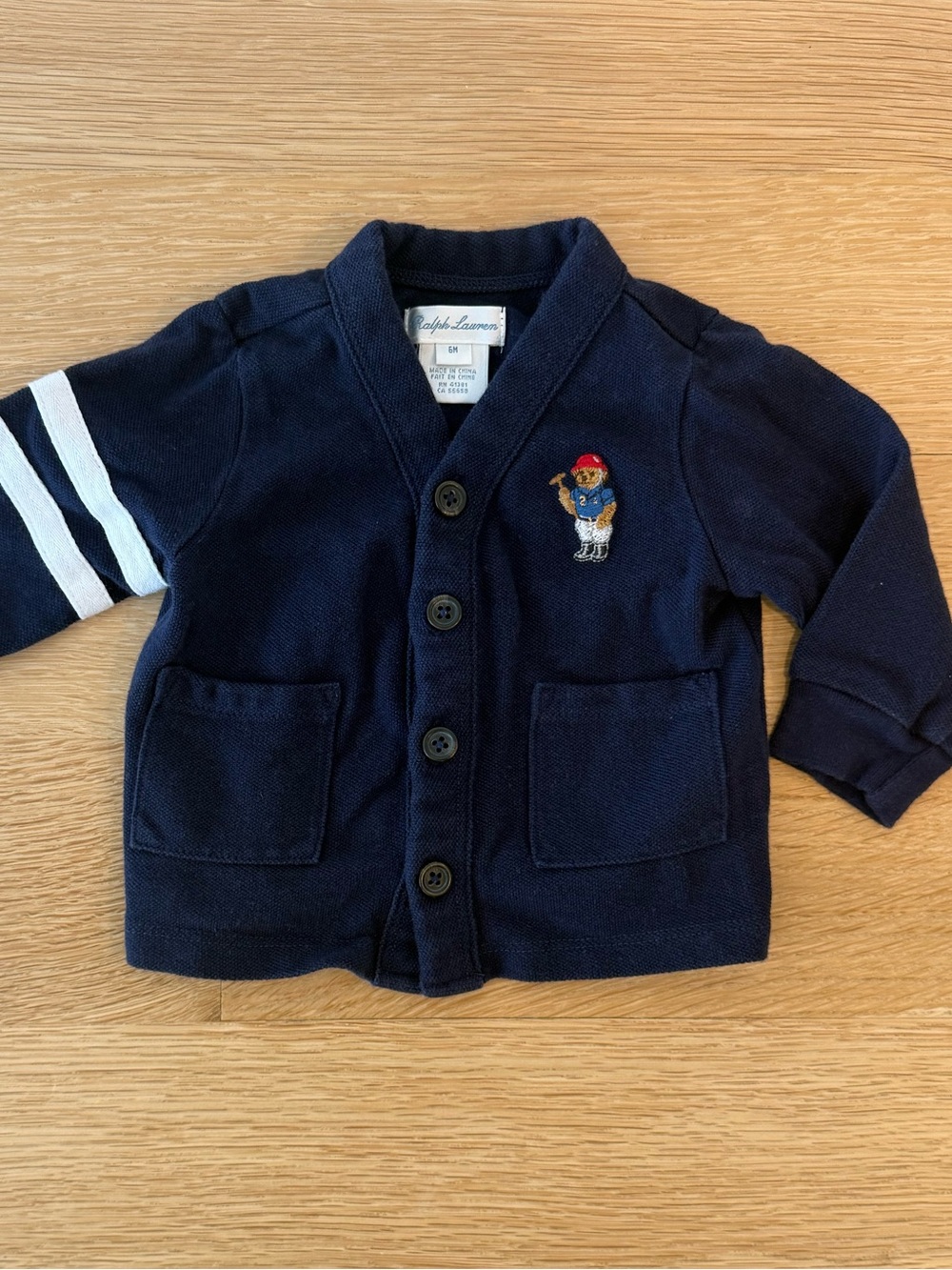 Ralph Lauren Baby Navy Knit Cardigan with Polo Bear and White Sleeve Stripes 6M